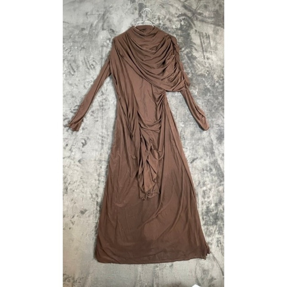 Brown Ruched Mock Neck Long Sleeve Draped Maxi Dress sz L sz25082602907627668